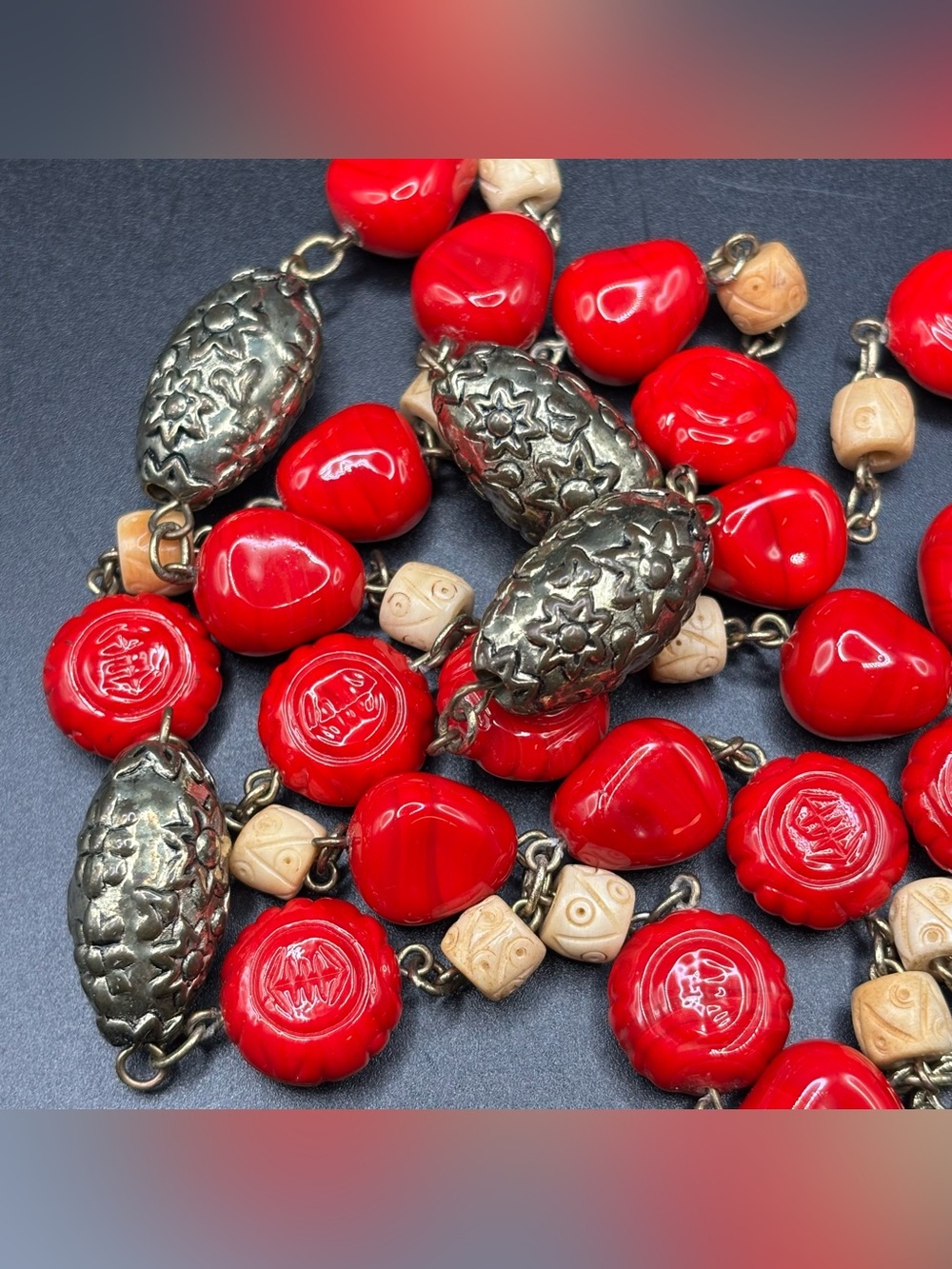 Vintage Red Cadmium Slag Glass Necklace Shou Longevity Carved UV Glow Statement
